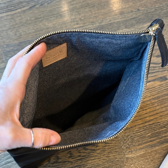 Clare V Foldover Clutch Black Leather w/ Blue and White Stripe EUC - Picture 5 of 9